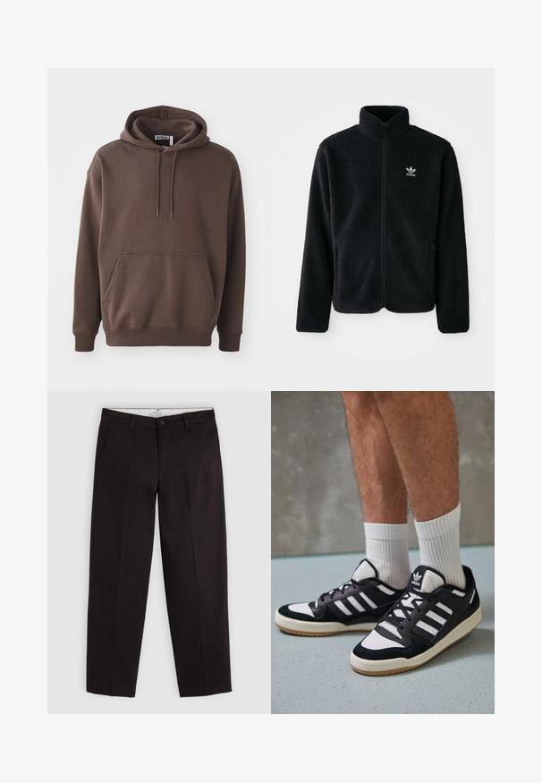 Must värviline fleecedee peasärk kõrge kraega, tõmblukuga esiosa ja esikotid. Omab tekstuuriga kangast ja väikest valget logo vasakul rinnal.; Pruun kapuutsiga sweatshirt, valmistatud pehmest kangast, eelseisva taskuga, reguleeritava kapuutsi ja soonikkoes varrukatega. Lihtne disain ilma mustriteta.; Mustad sirged põlvpüksid, millel on vöökohad, nööbi sulgemine ja küljetaskud, esitlemine helesinise halli taustal.; Mustvalged ja valged spordijalatsid, mille pealmine osa on valmistatud suede'ist ja nahast. Kingadel on kolm valget riba, auguline varvas ja kummist tald.