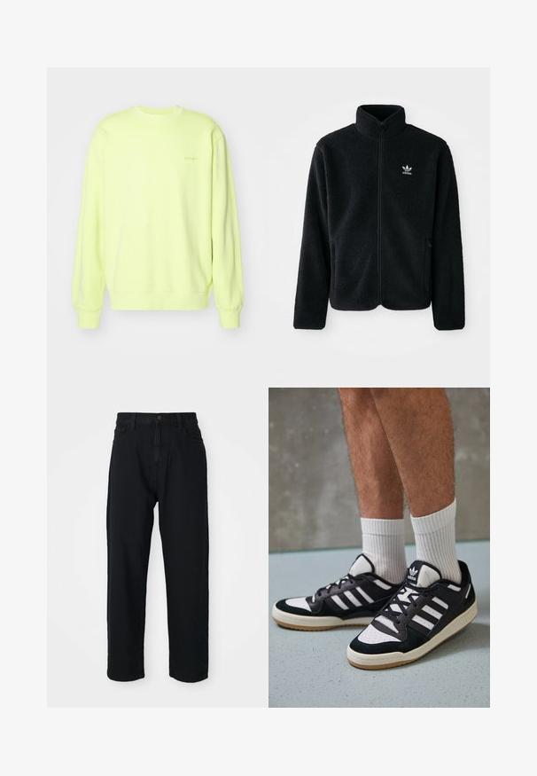 Svart fleecejakke med høy krage, glidelås foran og frontlommer. Har strukturert stoff og liten hvit logo på venstre bryst.; Lys gul hettegenser laget av mykt stoff, med rund hals, lange ermer og ribbestrikkede mansjetter. Diskret logo på forsiden.; Sorte denimbukser med rette ben. Har klassisk fem-lomme-design, knappeåpning og subtilt stoffmønster.; Sorte og hvite sneakers med overdel i semsket skinn og lær, med tre hvite striper, perforert tå og en såle av gummi.
