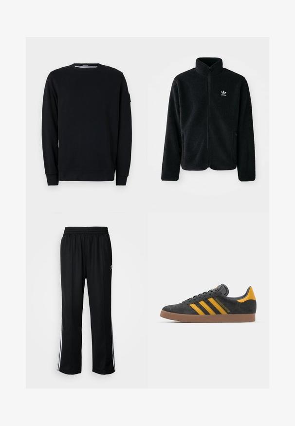 Giacca in pile nera con colletto alto, chiusura zip frontale e tasche anteriori. Presenta un tessuto testurizzato e un piccolo logo bianco sul lato sinistro del petto.; Felpa nera con scollo rotondo e maniche lunghe. Realizzata in tessuto morbido con polsini e orlo a coste, presenta dettagli di design minimalisti.; Pantaloni da allenamento neri con elastico in vita, dotati di bande laterali bianche e un piccolo logo. Il materiale sembra morbido e leggero.; Sneaker in suede nero con dettagli gialli, dotato di tre strisce e una suola in gomma marrone. Include una linguetta imbottita per il comfort.