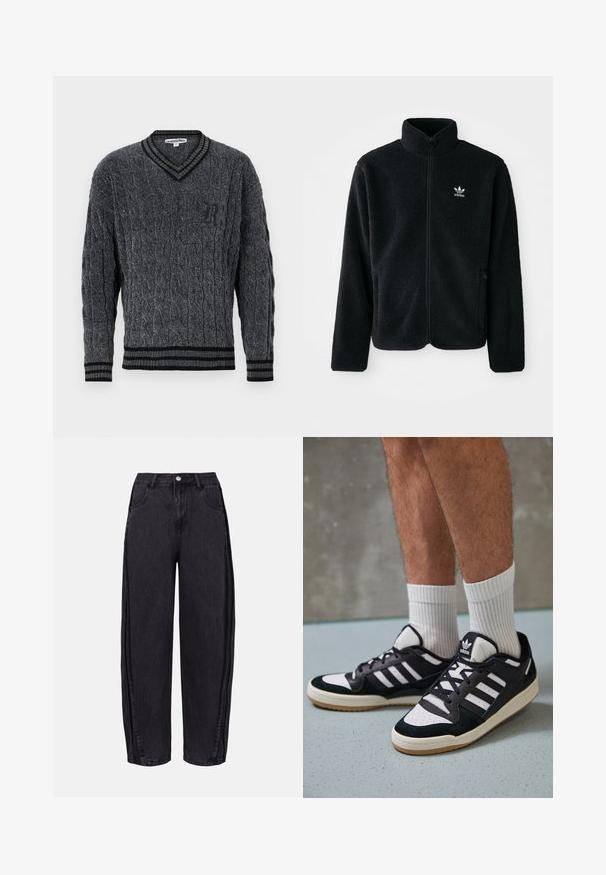 Čierna fleecová bunda s vysokým golierom, zipsom na prednej strane a prednými vreckami. Obsahuje textúrovanú tkaninu a malé biele logo na ľavej hrudi.; Šedý pletený sveter s kabelovým vzorom. Dizajn s véčkovým výstrihom, čierny rebrovaný lem na golieri a na leme. Obsahuje malé čierne logo na hrudi.; Čierne široké džínsy vyrobené z denimu s hladkou textúrou. Majú vysoký pás, predné vrecká a zapínanie na gombík v oblasti pása.; Čierno-biele tenisky s vrchom z semišu a kože, s troma bielymi pruhmi, perforovanou špičkou a gumovou podrážkou.