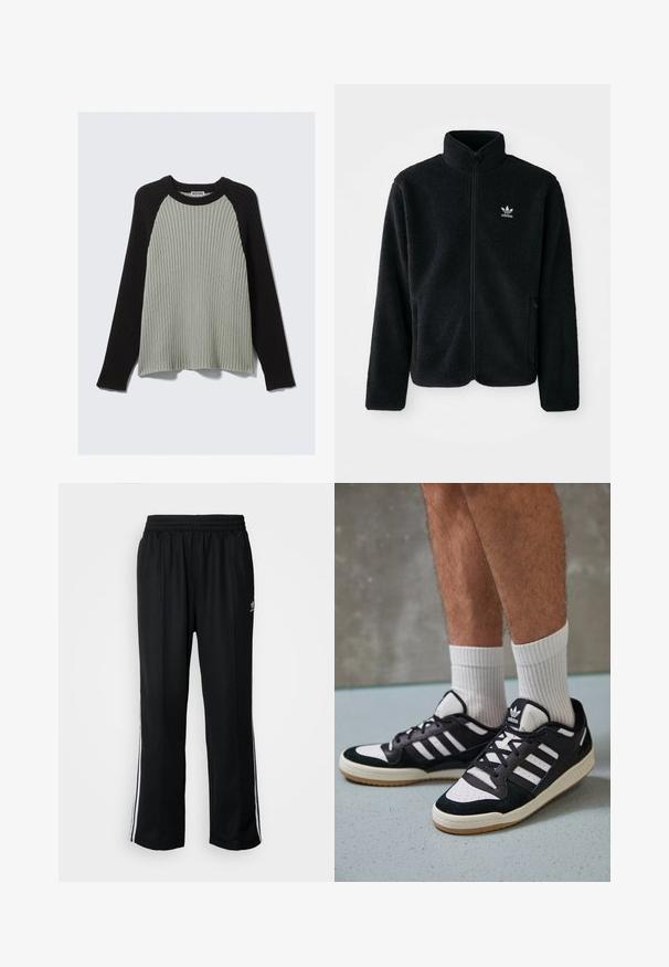 Svart fleecejakke med høy krage, glidelås foran og frontlommer. Har strukturert stoff og liten hvit logo på venstre bryst.; Ribbstrikket genser med lange svarte ermer og lys grå kropp. Har rund hals og avslappet passform. Myk tekstur, avslappet design.; Sorte treningsbukser med elastisk midjebånd, med hvite sidestiper og en liten logo. Materialet ser mykt og lett ut.; Sorte og hvite sneakers med overdel i semsket skinn og lær, med tre hvite striper, perforert tå og en såle av gummi.