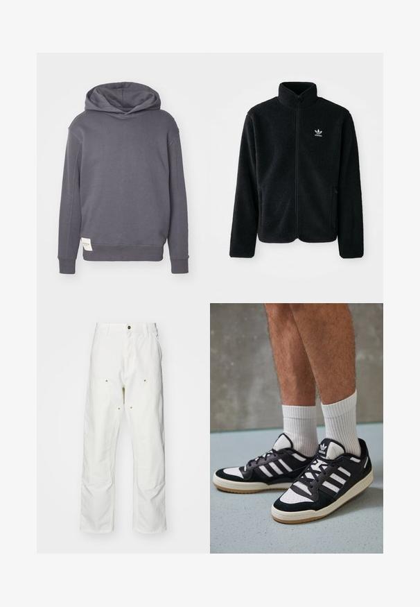 Črna flis jakna z visokim ovratnikom, z zadrgo spredaj in sprednjimi žepi. Ima strukturno blago in majhno belo logo na levi strani prsnega koša.; Siva kapucha s puloverjem z teksturiranim zaključkom, ki ima dolge rokave, sproščen kroj in stransko oznako, ki podrobno prikazuje blagovno znamko.; Bela bombažna cargo hlače z udobnim krojem. Značilnosti vključujejo sprednje žepe, zlato poudarjeno kovinsko opremo in ojačane kolenske dele.; Črno-bele superge z zgornjim delom iz usnja in nubuka, ki imajo tri bele črte, perforiran vrh prstov in podplat iz gume.