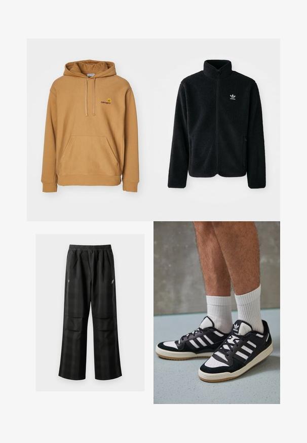 Veste en polaire noire avec col haut, fermeture éclair à l'avant et poches перед тобой. Présente un tissu texturé et un petit logo blanc sur la poitrine gauche.; Sweat-shirt à capuche marron en tissu doux, avec une poche avant et un logo brodé sur la poitrine. Design simple, poignets côtelés.; Pantalons à carreaux noirs avec une taille élastique, deux poches avant et une coupe ample avec une conception à jambe droite. Fabriqués en matériau léger.; Baskets noir et blanc avec une tige en suède et cuir, comportant trois rayures blanches, un bout perforé et une semelle en caoutchouc gum.