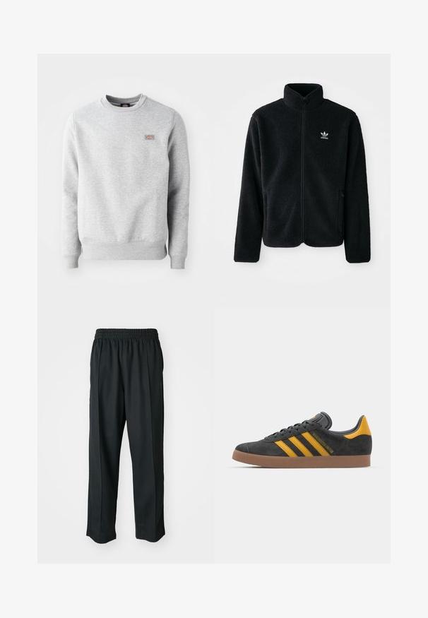 Fekete bolyhos dzseki magas gallérral, cipzáros elejével és elülső zsebeivel. Texturált anyaga és kis fehér logója van a bal mellen.; Szürke pulóver kerek nyakkal, bordázott mandzsettákkal és aljjal, puha pamut anyagból készült. A bal mellen egy kis logó található.; Fekete sportnadrág rugalmas derékkal, sima anyagból készült, finom oldalvarrással és laza illeszkedéssel, egyenes lábdesignnal.; Fekete velúrbőr sportcipő sárga díszítéssel, három csíkkal és barna gumitalppal. Párnázott nyelvével a kényelem érdekében.