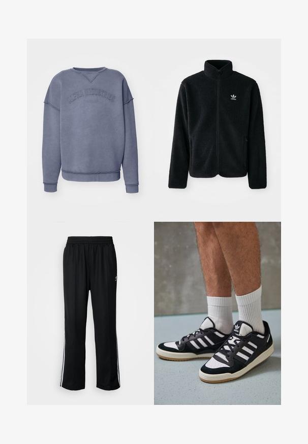 Schwarze Fleecejacke mit hohem Kragen, durchgehendem Reißverschluss und Fronttaschen. Verfügt über strukturiertes Material und ein kleines weißes Logo auf der linken Brust.; Blaues Sweatshirt aus weichem Stoff, mit Rundhalsausschnitt, überschnittenen Schultern und geprägtem "ALPHA INDUSTRIES" auf der Vorderseite.; Schwarze Sporthosen mit elastischem Bund, ausgestattet mit weißen Seitenstreifen und einem kleinen Logo. Das Material wirkt weich und leicht.; Schwarz-weiße Sneaker mit einem Obermaterial aus Wildleder und Leder, ausgestattet mit drei weißen Streifen, einer perforierten Zehenpartie und einer Sohle aus Gummi.