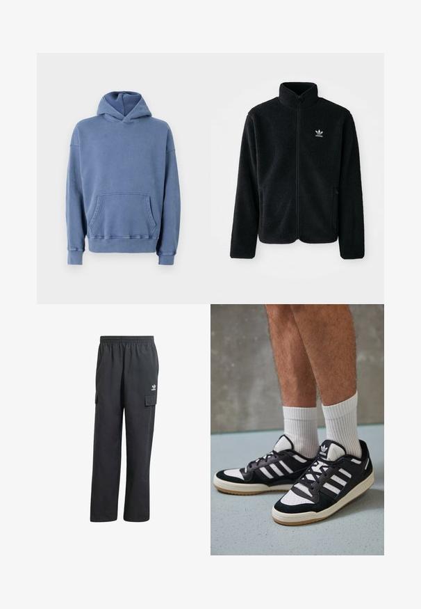 Black fleece jacket with high collar, zip front, and front pockets. Features textured fabric and small white logo on left chest.; Blue hooded sweatshirt with a kangaroo pocket, ribbed cuffs, and hem. Made of soft material, featuring a relaxed, oversized fit.; Black cargo pants with an elastic waistband, two side pockets, and a subtle logo on the left thigh. Made from a lightweight fabric.; Black and white sneakers with a suede and leather upper, featuring three white stripes, a perforated toe, and a gum rubber sole.