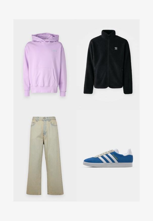 Black fleece jacket with high collar, zip front, and front pockets. Features textured fabric and small white logo on left chest.; Levi's® THE AUTHENTIC HOODIE - Hoodie - lilac; Light blue wide-leg jeans made of denim with a faded finish. Features five pockets and a front button closure.; adidas Originals ADIDAS GAZELLE SHOES - Indoor football boots - real madrid/bluebird/footwear white/crew yellow