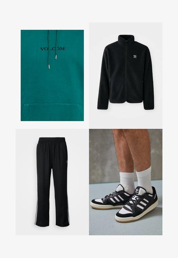 Black fleece jacket with high collar, zip front, and front pockets. Features textured fabric and small white logo on left chest.; Turquoise hoodie with a front pocket and drawstrings. Features black "VOLCOM" logo above the pocket and a soft, textured fabric.; Black athletic pants with an elastic waistband, featuring white side stripes and a small logo. Material appears soft and lightweight.; Black and white sneakers with a suede and leather upper, featuring three white stripes, a perforated toe, and a gum rubber sole.