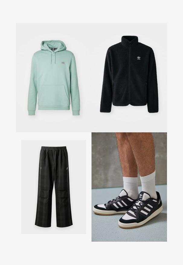 Casaco de fleece preto com gola alta, fecho de correr à frente e bolsos frontais. Apresenta um tecido texturizado e um pequeno logo branco no lado esquerdo do peito.; Sweatshirt verde menta feito de tecido macio, com bolso canguru, punhos canelados e um pequeno logótipo no lado esquerdo do peito.; Calças pretas em padrão xadrez com cintura elástica, dois bolsos frontais e um ajuste solto com design de perna reta. Feitas de material leve.; Ténis em preto e branco com upper em camurça e couro, apresentando três riscas brancas, um toe perfurado e uma sola em borracha de goma.