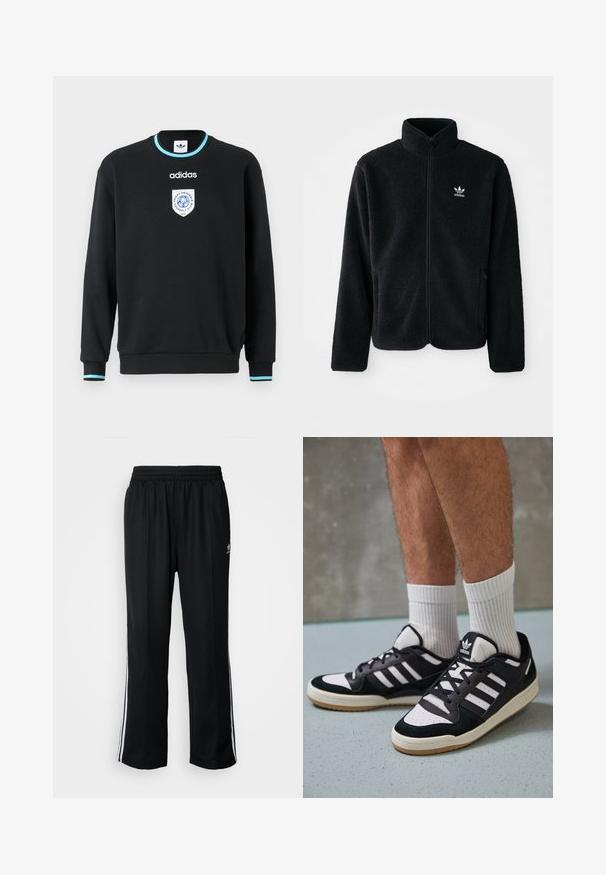 Čierna fleecová bunda s vysokým golierom, zipsom na prednej strane a prednými vreckami. Obsahuje textúrovanú tkaninu a malé biele logo na ľavej hrudi.; Čierna mikina s dlhými rukávmi, okrúhlym výstrihom a modrými doplnkami na manžetách. Na hrudi má vyšitý logo. Vyrobená z mäkkej tkaniny.; Čierne športové nohavice s elastickým pásom, s bielymi bočnými prúžkami a malým logom. Materiál vyzerá byť mäkký a ľahký.; Čierno-biele tenisky s vrchom z semišu a kože, s troma bielymi pruhmi, perforovanou špičkou a gumovou podrážkou.