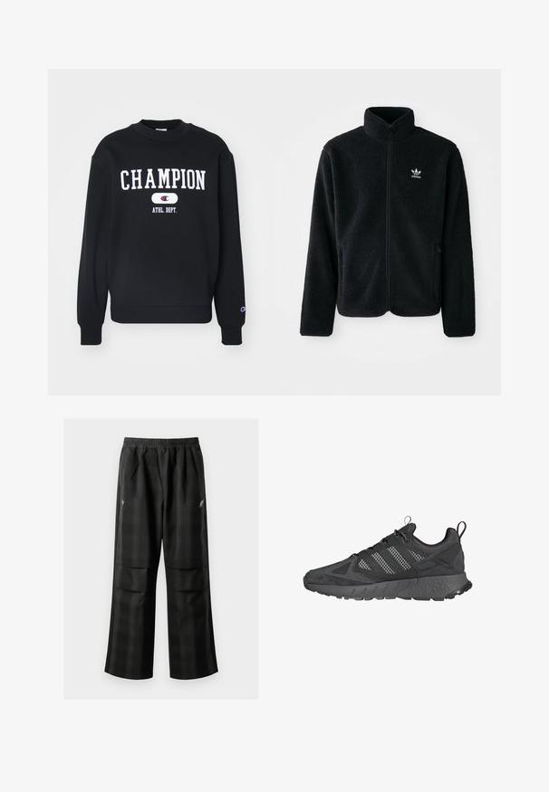 Fekete bolyhos dzseki magas gallérral, cipzáros elejével és elülső zsebeivel. Texturált anyaga és kis fehér logója van a bal mellen.; Fekete pulóver fehér "CHAMPION" felirattal, alatta "ATHL. DEPT." felirattal. Bordázott kerek nyakú és mandzsetta, puha szövet textúra.; Fekete kockás nadrág, rugalmas derékkal, két elülső zsebbel és laza, egyenes szárú fazonnal. Könnyű anyagból készült.; Fekete sportcipők, hálós és velúrból készült felsőrésszel, texturált gumitalppal, párnázott bokával és jellegzetes háromsávos szürke mintával.