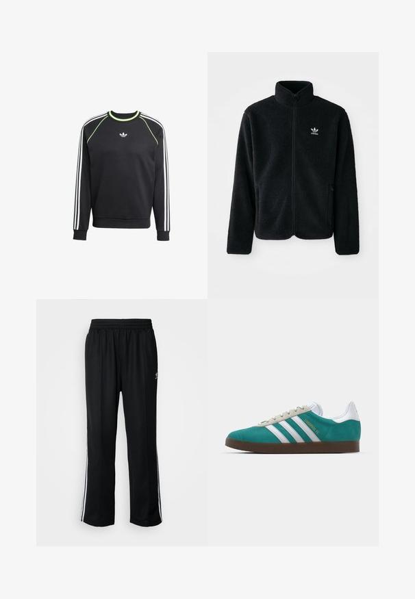 Casaco de fleece preto com gola alta, fecho de correr à frente e bolsos frontais. Apresenta um tecido texturizado e um pequeno logo branco no lado esquerdo do peito.; Sweatshirt preto com design de três riscas brancas nas mangas e detalhes em verde limão. Apresenta um decote redondo e um pequeno logo no peito.; Calças atléticas pretas com um cós elástico, apresentando riscas brancas laterais e um pequeno logótipo. O material parece macio e leve.; adidas Originals ADIDAS GAZELLE SHOES - Botas de futebol de salão - liverpool fc/sea green/footwear white