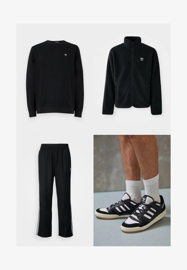 Casaco de fleece preto com gola alta, fecho de correr à frente e bolsos frontais. Apresenta um tecido texturizado e um pequeno logo branco no lado esquerdo do peito.; Sweatshirt preto, de gola redonda, mangas longas, feito de tecido macio. Apresenta um pequeno logótipo no peito. Design limpo, sem padrões.; Calças atléticas pretas com um cós elástico, apresentando riscas brancas laterais e um pequeno logótipo. O material parece macio e leve.; Ténis em preto e branco com upper em camurça e couro, apresentando três riscas brancas, um toe perfurado e uma sola em borracha de goma.