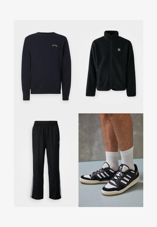 Chupa de forro polar negro con cuello alto, cierre frontal y bolsillos delanteros. Presenta tela texturizada y un pequeño logo blanco en el lado izquierdo del pecho.; Sudadera azul marina con cuello redondo, puños y cintura acanalados. Presenta un pequeño logo de color claro en el pecho. Textura de tela suave.; Pantalones deportivos negros con cintura elástica, que presentan rayas laterales blancas y un pequeño logotipo. El material parece suave y ligero.; Zapatillas en blanco y negro con parte superior de ante y cuero, que presentan tres franjas blancas, una puntera perforada y una suela de goma.