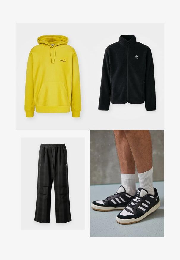 Veste en polaire noire avec col haut, fermeture éclair à l'avant et poches перед тобой. Présente un tissu texturé et un petit logo blanc sur la poitrine gauche.; Sweatshirt à capuche jaune en mélange de coton. Comprend une poche kangourou à l'avant, des poignets côtelés et un petit logo sur la poitrine.; Pantalons à carreaux noirs avec une taille élastique, deux poches avant et une coupe ample avec une conception à jambe droite. Fabriqués en matériau léger.; Baskets noir et blanc avec une tige en suède et cuir, comportant trois rayures blanches, un bout perforé et une semelle en caoutchouc gum.