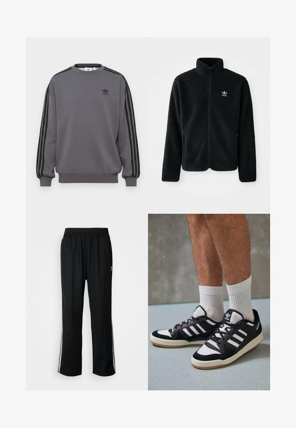 Μαύρο φλις μπουφάν με ψηλό γιακά, μπροστινό φερμουάρ και μπροστινές τσέπες. Διαθέτει υφασμάτινη υφή και μικρό λευκό λογότυπο στο αριστερό στήθος.; Γκρι φούτερ φτιαγμένο από μαλακό ύφασμα, με στρογγυλή λαιμόκοψη, μαύρες τριπλές λωρίδες κατά μήκος των μανικιών και ένα μικρό μαύρο λογότυπο στο στήθος.; Μαύρο αθλητικό παντελόνι με ελαστική μέση, διαθέτει λευκές ρίγες στο πλάι και ένα μικρό λογότυπο. Το υλικό φαίνεται μαλακό και ελαφρύ.; Μαύρα και λευκά αθλητικά παπούτσια με άνω μέρος από σουέτ και δέρμα, featuring τρεις λευκές ρίγες, περατά δάχτυλα και σόλα από καουτσούκ τύπου γκαστ.