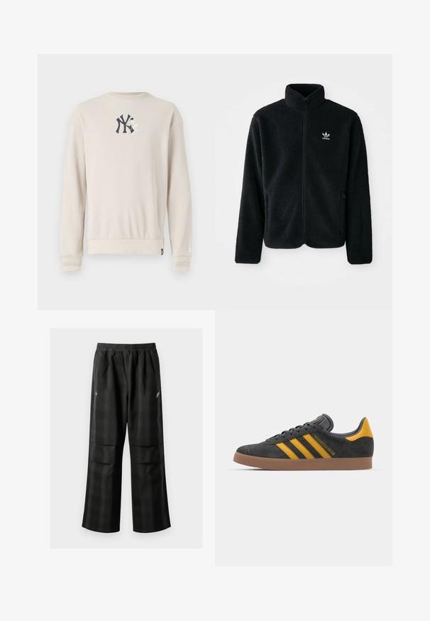 Fekete bolyhos dzseki magas gallérral, cipzáros elejével és elülső zsebeivel. Texturált anyaga és kis fehér logója van a bal mellen.; Bézs színű, bordázott pulóver, amelyen kék logó található a mellrészen, kerek nyakkal és bordás mandzsettákkal. Simább textúrájú, laza fazonú kialakítás.; Fekete kockás nadrág, rugalmas derékkal, két elülső zsebbel és laza, egyenes szárú fazonnal. Könnyű anyagból készült.; Fekete velúrbőr sportcipő sárga díszítéssel, három csíkkal és barna gumitalppal. Párnázott nyelvével a kényelem érdekében.