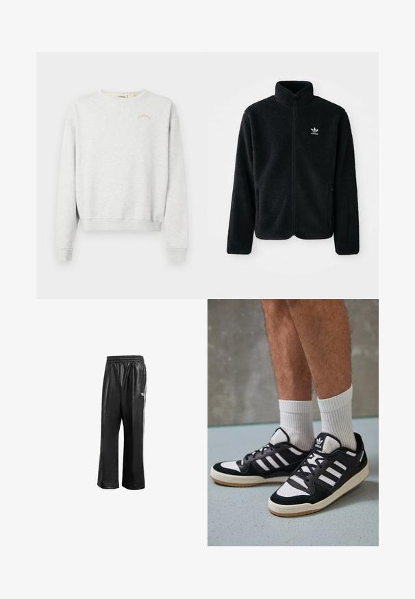 Chupa de forro polar negro con cuello alto, cierre frontal y bolsillos delanteros. Presenta tela texturizada y un pequeño logo blanco en el lado izquierdo del pecho.; Sudadera gris claro confeccionada en tejido suave, con cuello redondo, puños acanalados y "POMPEII" bordado en beige.; Pantalones de chándal sintéticos negros con cinturilla elástica, que presentan rayas laterales blancas y un pequeño logo blanco en la cadera izquierda.; Zapatillas en blanco y negro con parte superior de ante y cuero, que presentan tres franjas blancas, una puntera perforada y una suela de goma.