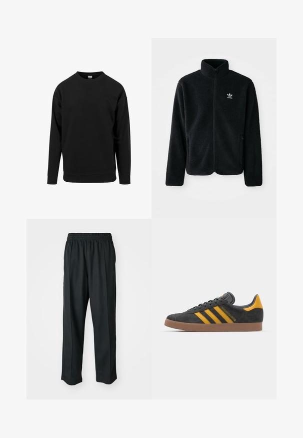 Czarna polarowa kurtka z wysokim kołnierzem, zamek z przodu i kieszeniami z przodu. Posiada teksturowany materiał i małe białe logo na lewej piersi.; Czarny sweatshirt wykonany z miękkiego materiału. Posiada okrągły dekolt, długie rękawy oraz ściągacze przy mankietach i dole. Prosty, niezdobiony design.; Czarne spodnie sportowe z elastycznym pasem, wykonane z gładkiego materiału, z subtelnym przeszyciem po bokach i luźnym krojem, prostą nogawką.; Czarne zamszowe sneakersy z żółtymi akcentami, z trzema paskami i brązową gumową podeszwą. Posiadają wyściełany język dla większego komfortu.