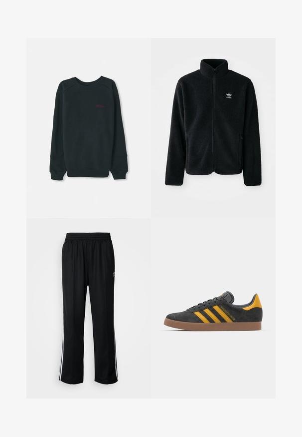 Černá fleecová bunda s vysokým límcem, předním zipem a předními kapsami. Disponuje strukturovanou tkaninou a malým bílým logem na levé hrudi.; Černá mikina vyrobená z bavlněné směsi, s ribovaným kulatým výstřihem, dlouhými rukávy a malým růžovým logem Timberland na hrudi.; Černé sportovní kalhoty s elastickým pasem, s bílými bočními pruhy a malým logem. Materiál vypadá měkce a lehce.; Černé semišové tenisky se žlutými akcenty, vybavené třemi pruhy a hnědou gumovou podrážkou. Obsahují polstrovaný jazyk pro pohodlí.