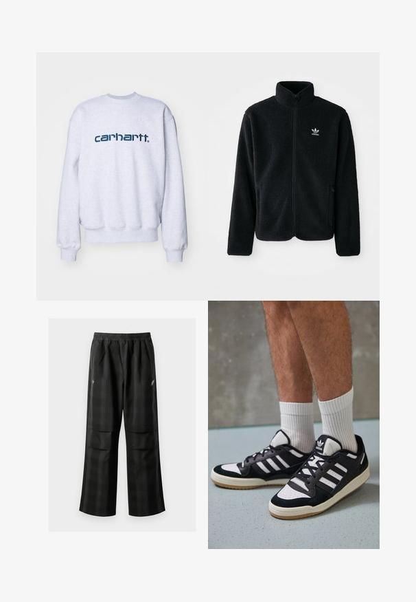 Czarna polarowa kurtka z wysokim kołnierzem, zamek z przodu i kieszeniami z przodu. Posiada teksturowany materiał i małe białe logo na lewej piersi.; Carhartt WIP - Bluza; Czarne spodnie w kratę z elastycznym pasem, dwoma przednimi kieszeniami i luźnym krojem ze prostymi nogawkami. Wykonane z lekkiego materiału.; Czarno-białe sneakersy z zamszową i skórzaną cholewką, z trzema białymi paskami, perforowanym czubkiem i gumową podeszwą w kolorze gumy.