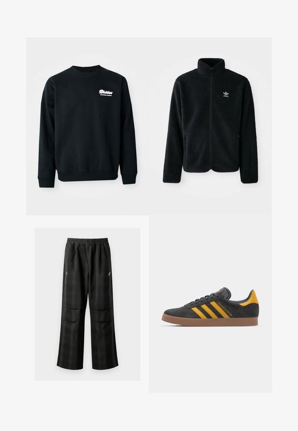 Giacca in pile nera con colletto alto, chiusura zip frontale e tasche anteriori. Presenta un tessuto testurizzato e un piccolo logo bianco sul lato sinistro del petto.; Felpa nera con colletto e polsini a coste. Presenta un logo bianco con la scritta "Dickies Workwear Company" sul lato sinistro del petto. Texture morbida.; Pantaloni a quadri neri con vita elasticizzata, due tasche frontali e una vestibilità ampia con design a gamba dritta. Realizzati in materiale leggero.; Sneaker in suede nero con dettagli gialli, dotato di tre strisce e una suola in gomma marrone. Include una linguetta imbottita per il comfort.