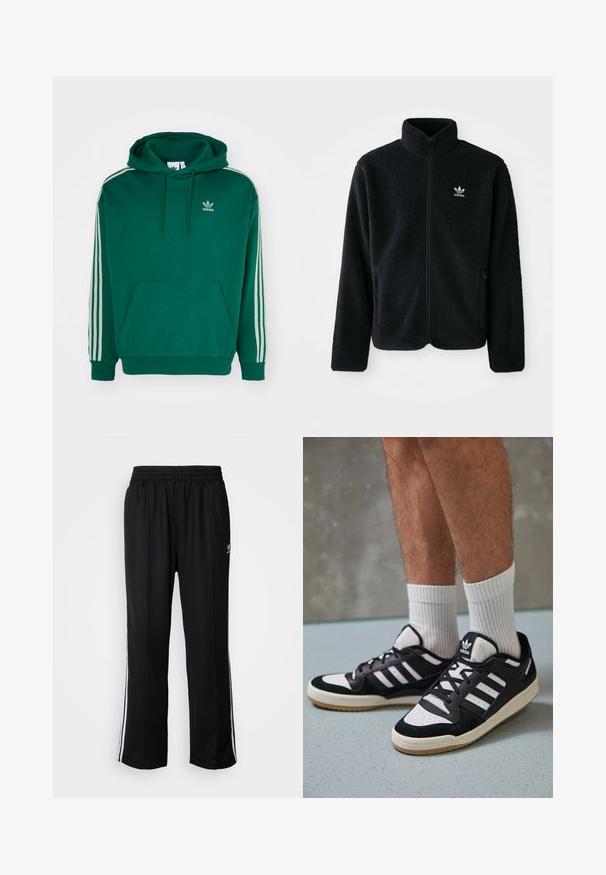 Casaco de fleece preto com gola alta, fecho de correr à frente e bolsos frontais. Apresenta um tecido texturizado e um pequeno logo branco no lado esquerdo do peito.; Sweatshirt verde com capuz ajustável, bolso frontal e detalhes em branco com três riscas ao longo das mangas, apresentando um pequeno logótipo da Adidas no peito.; Calças atléticas pretas com um cós elástico, apresentando riscas brancas laterais e um pequeno logótipo. O material parece macio e leve.; Ténis em preto e branco com upper em camurça e couro, apresentando três riscas brancas, um toe perfurado e uma sola em borracha de goma.