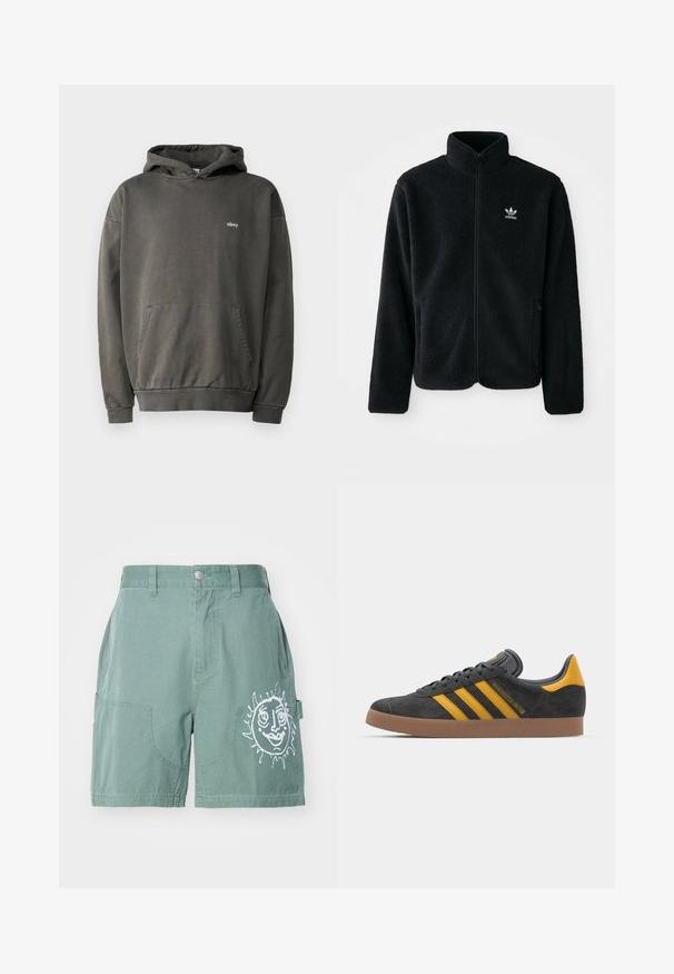 Černá fleecová bunda s vysokým límcem, předním zipem a předními kapsami. Disponuje strukturovanou tkaninou a malým bílým logem na levé hrudi.; Obey Clothing LOWERCASE HOOD UNISEX - Mikina s kapucí - pigment digital black; Zelené bavlněné šortky s volnějším střihem, které mají dvě přední kapsy a bílou sluneční grafiku na pravé nohavici. Jednoduchý lem, žádné vzory.; Černé semišové tenisky se žlutými akcenty, vybavené třemi pruhy a hnědou gumovou podrážkou. Obsahují polstrovaný jazyk pro pohodlí.