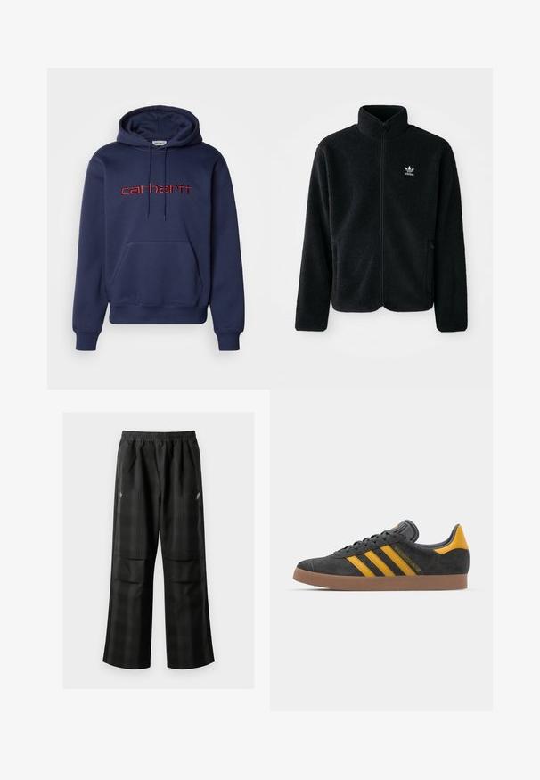 Must värviline fleecedee peasärk kõrge kraega, tõmblukuga esiosa ja esikotid. Omab tekstuuriga kangast ja väikest valget logo vasakul rinnal.; Tumesinine puuvillane kapuutsiga särk, millel on eesmine tasku, nööriga kapuuts ja punane tikandiga "carhartt" logo rinnal.; Mustas ruudulised püksid, millel on elastne vöökoht, kaks esimest taskut ja laiem lõige sirge jala disainiga. Valmistatud kergest materjalist.; Mustad sametist spordijalatsid kollaste aktsentidega, millel on kolm triipu ja pruun kummitald. Mugavuse tagamiseks on neil pehmendatud keele osa.