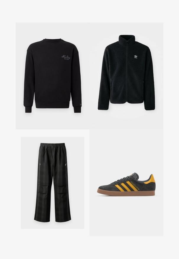 Fekete bolyhos dzseki magas gallérral, cipzáros elejével és elülső zsebeivel. Texturált anyaga és kis fehér logója van a bal mellen.; Fekete, hosszú ujjú pulóver bordázott textúrával. Jellemzője a kerek nyak és a bal mellrészen hímzett "New Era" logó.; Fekete kockás nadrág, rugalmas derékkal, két elülső zsebbel és laza, egyenes szárú fazonnal. Könnyű anyagból készült.; Fekete velúrbőr sportcipő sárga díszítéssel, három csíkkal és barna gumitalppal. Párnázott nyelvével a kényelem érdekében.