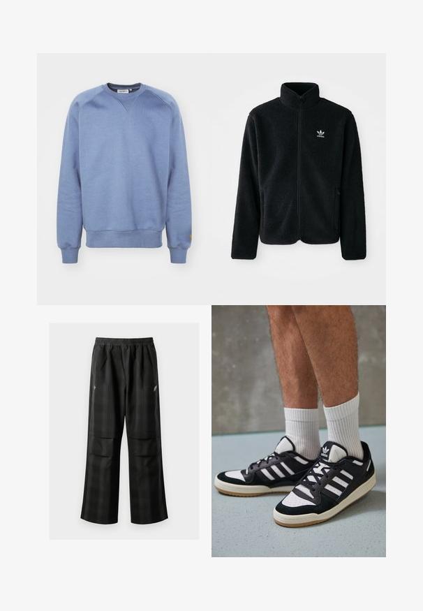 Casaco de fleece preto com gola alta, fecho de correr à frente e bolsos frontais. Apresenta um tecido texturizado e um pequeno logo branco no lado esquerdo do peito.; Carhartt WIP CHASE - Camisola - positano/gold; Calças pretas em padrão xadrez com cintura elástica, dois bolsos frontais e um ajuste solto com design de perna reta. Feitas de material leve.; Ténis em preto e branco com upper em camurça e couro, apresentando três riscas brancas, um toe perfurado e uma sola em borracha de goma.