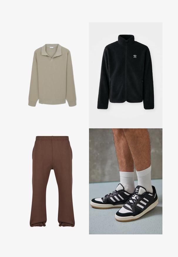 Schwarze Fleecejacke mit hohem Kragen, durchgehendem Reißverschluss und Fronttaschen. Verfügt über strukturiertes Material und ein kleines weißes Logo auf der linken Brust.; Beige Langarm-Polohemd aus Strick mit offenem Kragen und gerippten Bündchen und Saum, flach auf einem weißen Hintergrund ausgelegt.; Braune Trainingshose mit lockerer Passform, elastischem Bund und gerippten Abschlüssen. Hergestellt aus weichem Stoff, mit Seitentaschen und ohne sichtbare Muster oder Logos.; Schwarz-weiße Sneaker mit einem Obermaterial aus Wildleder und Leder, ausgestattet mit drei weißen Streifen, einer perforierten Zehenpartie und einer Sohle aus Gummi.