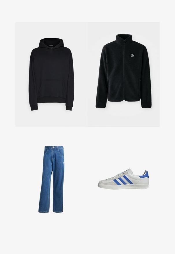 Schwarze Fleecejacke mit hohem Kragen, durchgehendem Reißverschluss und Fronttaschen. Verfügt über strukturiertes Material und ein kleines weißes Logo auf der linken Brust.; Schwarze Kapuzenjacke aus einem Baumwollmischgewebe. Verfügt über eine geräumige Fronttasche, gerippte Bündchen und eine Kapuze mit Kordelzug. Weiche Textur.; Blaue hohe, weite Jeans mit Fronttaschen, Gürtelschlaufen, Knopfverschluss und kleinem Adidas-Logo am rechten Oberschenkel.; Weiße Sneaker mit blauen und grauen Akzenten, ausgestattet mit drei markanten Streifen, Schnürung vorne und einer strukturierten Sohle.