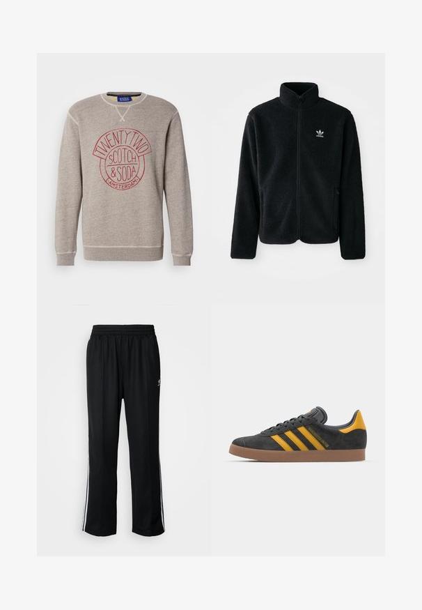 Veste en polaire noire avec col haut, fermeture éclair à l'avant et poches перед тобой. Présente un tissu texturé et un petit logo blanc sur la poitrine gauche.; Sweat-shirt gris clair en matériau doux, avec un logo circulaire rouge portant le texte "TWENTY TWO SCOTCH & SODA AMSTERDAM". Poignets et ourlet côtelés.; Pantalons de sport noirs avec une taille élastique, ornés de rayures blanches sur les côtés et d'un petit logo. Le matériau semble doux et léger.; Baskets en suede noir avec des accents jaunes, présentant trois rayures et une semelle en caoutchouc marron. Comprend une languette rembourrée pour le confort.