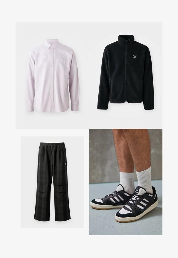 Casaco de fleece preto com gola alta, fecho de correr à frente e bolsos frontais. Apresenta um tecido texturizado e um pequeno logo branco no lado esquerdo do peito.; Camisa de botão de manga longa lilás, feita de algodão, com um bolso no peito e um colarinho clássico com botões brancos.; Calças pretas em padrão xadrez com cintura elástica, dois bolsos frontais e um ajuste solto com design de perna reta. Feitas de material leve.; Ténis em preto e branco com upper em camurça e couro, apresentando três riscas brancas, um toe perfurado e uma sola em borracha de goma.