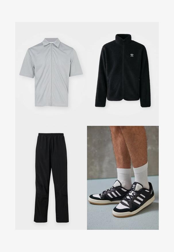 Jachetă din fleece neagră cu guler înalt, fermoar pe față și buzunare frontale. Caracteristici ale materialului texturat și un mic logo alb pe pieptul stâng.; Jachetă sport de culoare gri deschis, cu mâneci scurte, realizată dintr-un material respirabil de plasă, având un fermoar frontal complet și un guler ascuțit.; Pantaloni negri din nailon, cu un elastic la talie, având un finisaj ușor și texturat, cu accente pe cusături pentru un design modern.; Adidași negri și albi cu un superior din suede și piele, prevăzuți cu trei dungi albe, un vârf perforat și o talpă din cauciuc caramel.