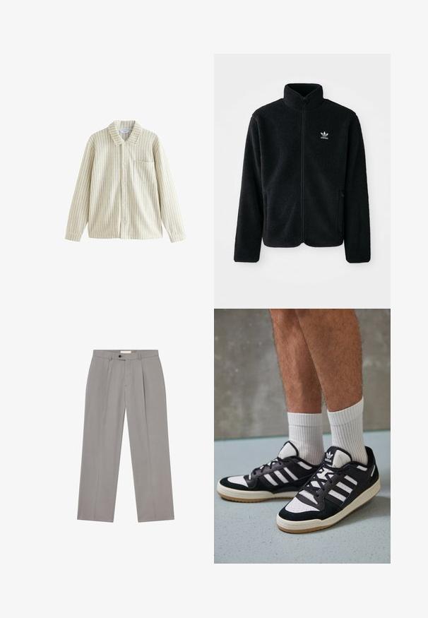 Fekete bolyhos dzseki magas gallérral, cipzáros elejével és elülső zsebeivel. Texturált anyaga és kis fehér logója van a bal mellen.; Csíkos, krém és bézs színű ing, gallérral, hosszú ujjakkal, mellzsebbel és függőleges vonalakkal díszített textúrált anyaggal.; Szürke nadrág egyenes szárú kialakítással, sima anyagból készült. Elöl hajtása, egy gombos záródás és övhurkok találhatók rajta.; Fekete-fehér tornacipők velúr és bőr felsőrésszel, három fehér csíkkal, perforált orral és gumi talppal.