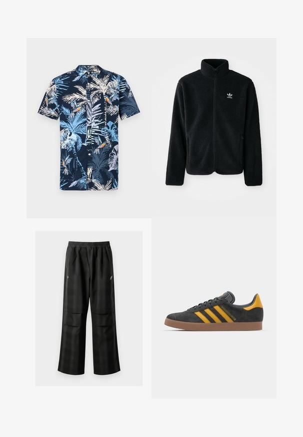 Zwarte fleece jacket met hoge kraag, ritssluiting aan de voorkant en voorzakken. Kenmerkt zich door textuurstof en een klein wit logo op de linkerborst.; Korte mouwen shirt met een marineblauwe achtergrond en een tropisch patroon van lichtblauwe palmbladeren en kleurrijke vogels. Met een knoopsluiting bij de kraag.; Zwarte geruite broek met een elastische tailleband, twee voorzakken en een losse pasvorm met een rechte pijpdesign. Gemaakt van lichtgewicht materiaal.; Zwarte suède sneakers met gele accenten, voorzien van drie strepen en een bruine rubberen zool. Inclusief een gevoerde tong voor comfort.