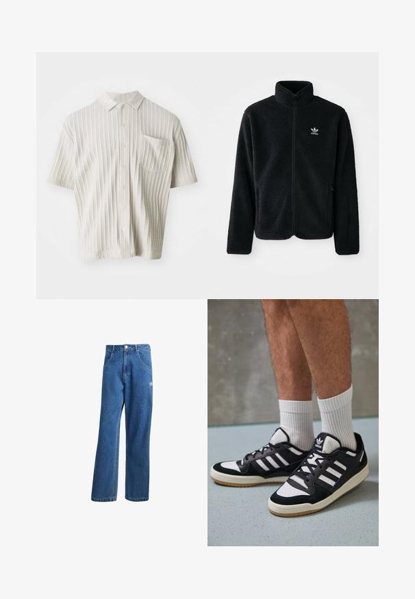 Chupa de forro polar negro con cuello alto, cierre frontal y bolsillos delanteros. Presenta tela texturizada y un pequeño logo blanco en el lado izquierdo del pecho.; Camisa de manga corta de color beige claro con cuello, textura ribeteada vertical, cinco botones y un bolsillo en el pecho.; Vaqueros de mezclilla anchos de talle alto en azul, con bolsillos frontales, presillas para cinturón, cierre de botón y pequeño logo de Adidas en el muslo derecho.; Zapatillas en blanco y negro con parte superior de ante y cuero, que presentan tres franjas blancas, una puntera perforada y una suela de goma.