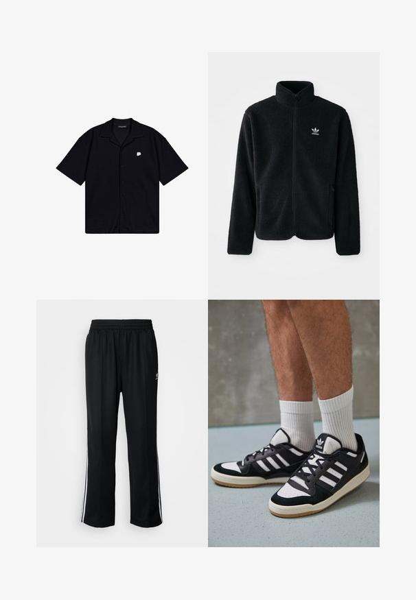 Must värviline fleecedee peasärk kõrge kraega, tõmblukuga esiosa ja esikotid. Omab tekstuuriga kangast ja väikest valget logo vasakul rinnal.; Must t-särk lühikeste varrukatega on valmistatud tekstureeritud kangast, millel on terav krae ja väike tikandiga logo vasakul rinnaosal.; Mustad mustad spordipüksid elastse vöökohaga, millel on valged küljeread ja väike logo. Materjal tundub pehme ja kerge.; Mustvalged ja valged spordijalatsid, mille pealmine osa on valmistatud suede'ist ja nahast. Kingadel on kolm valget riba, auguline varvas ja kummist tald.