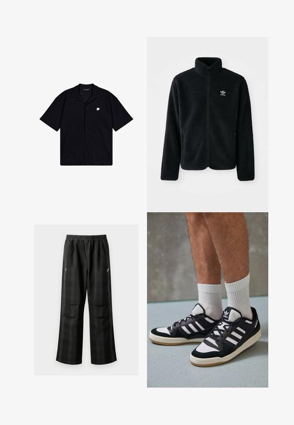 Črna flis jakna z visokim ovratnikom, z zadrgo spredaj in sprednjimi žepi. Ima strukturno blago in majhno belo logo na levi strani prsnega koša.; Črna kratka majica s kratkimi rokavi in gumbi, izdelana iz teksturirane tkanine, z ostrim ovratnikom in majhnim vezenim logotipom na levem prsnem delu.; Črne karirane hlače z elastičnim pasom, dvema sprednjima žepoma in ohlapnim krojem s pravimi nogavicami. Narejene so iz lahke tkanine.; Črno-bele superge z zgornjim delom iz usnja in nubuka, ki imajo tri bele črte, perforiran vrh prstov in podplat iz gume.