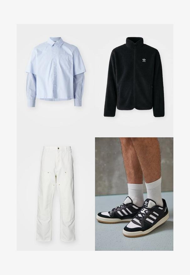 Sort fleecejakke med høj krave, lynlås foran og frontlommer. Har tekstureret stof og lille hvidt logo på venstre bryst.; Shortærmet lyseblå skjorte med krave, der har en forlommesmulighed og lange ternede blå ærmer, hvilket giver et lagdelt visuelt kontrast.; Hvide bomulds cargo bukser med en afslappet pasform. Funktioner inkluderer for- og baglommer, guldfarvede hardware detaljer og forstærkede knæsektioner.; Sorte og hvide sneakers med en overdel i ruskind og læder, der har tre hvide striber, en perforeret tå og en sål i gummigummi.