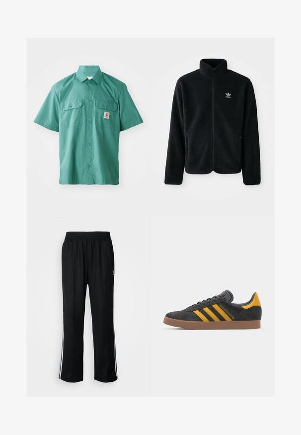 Must värviline fleecedee peasärk kõrge kraega, tõmblukuga esiosa ja esikotid. Omab tekstuuriga kangast ja väikest valget logo vasakul rinnal.; Lühikeste käistega nööbiga särk türkiissinises kangas, millel on sile tekstuur. Särgile on lisatud kaks rinna taskut ja väike logopatch vasakul rinnal.; Mustad mustad spordipüksid elastse vöökohaga, millel on valged küljeread ja väike logo. Materjal tundub pehme ja kerge.; Mustad sametist spordijalatsid kollaste aktsentidega, millel on kolm triipu ja pruun kummitald. Mugavuse tagamiseks on neil pehmendatud keele osa.