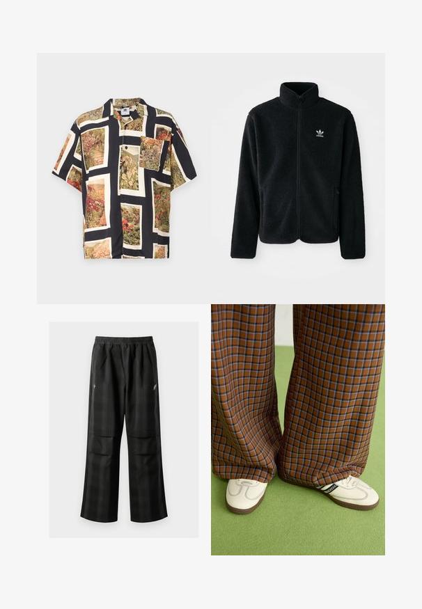 Chupa de forro polar negro con cuello alto, cierre frontal y bolsillos delanteros. Presenta tela texturizada y un pequeño logo blanco en el lado izquierdo del pecho.; Camisa de botones de manga corta en negro que presenta vibrantes estampados florales en marcos rectangulares. Fabricada en un tejido ligero con un corte relajado.; Pantalones de cuadros negros con cintura elástica, dos bolsillos frontales y un ajuste holgado con diseño de pierna recta. Fabricados en material ligero.; Pantalones de pata de elefante de cuadros marrones y azules combinados con zapatos blancos con detalles en negro y suelas texturizadas, sobre un fondo verde.