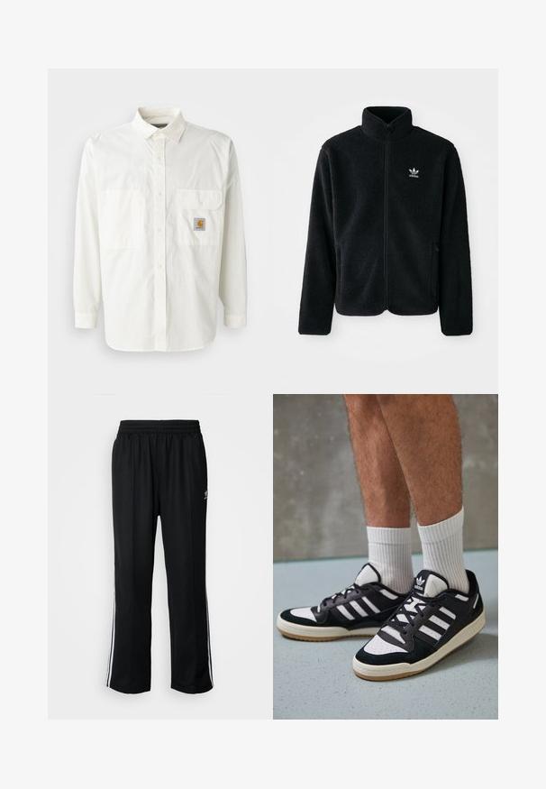 Svart fleecejakke med høy krage, glidelås foran og frontlommer. Har strukturert stoff og liten hvit logo på venstre bryst.; Hvit knappeopp skjorte laget av bomull, med lange ermer, klassisk krage, to frontlommer og et Carhartt-logo-patch.; Sorte treningsbukser med elastisk midjebånd, med hvite sidestiper og en liten logo. Materialet ser mykt og lett ut.; Sorte og hvite sneakers med overdel i semsket skinn og lær, med tre hvite striper, perforert tå og en såle av gummi.