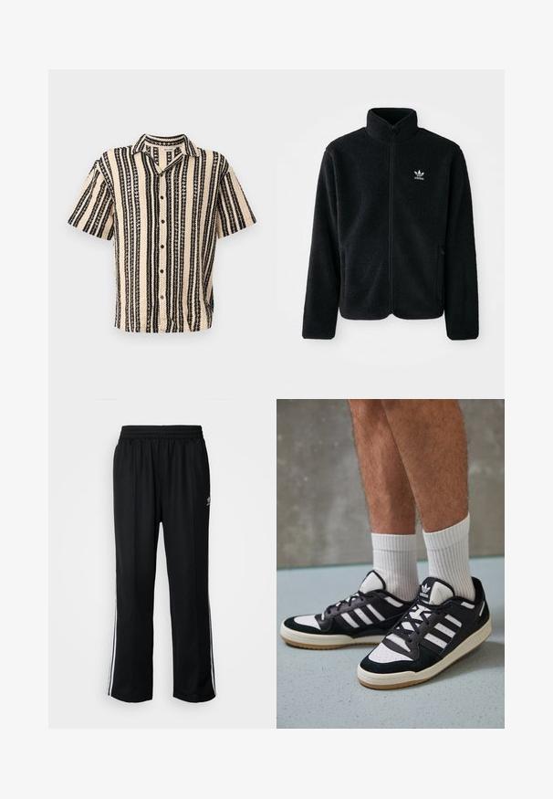 Veste en polaire noire avec col haut, fermeture éclair à l'avant et poches перед тобой. Présente un tissu texturé et un petit logo blanc sur la poitrine gauche.; Chemise à manches courtes beige avec des rayures verticales noires et des motifs texturés. Présente un col à revers et une fermeture à boutons.; Pantalons de sport noirs avec une taille élastique, ornés de rayures blanches sur les côtés et d'un petit logo. Le matériau semble doux et léger.; Baskets noir et blanc avec une tige en suède et cuir, comportant trois rayures blanches, un bout perforé et une semelle en caoutchouc gum.