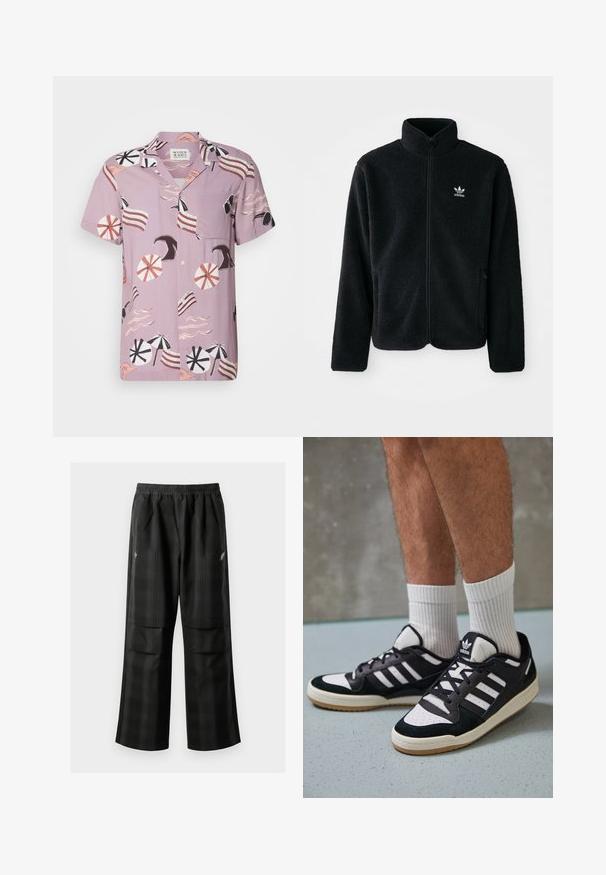 Must värviline fleecedee peasärk kõrge kraega, tõmblukuga esiosa ja esikotid. Omab tekstuuriga kangast ja väikest valget logo vasakul rinnal.; Lühikeste varrukatega lavendel värvi särk, millel on rannateemaline muster koos vihmavarjude, lainete ja triibuliste aksentidega. Särk sisaldab rinnataskut ja nööpidega esit.; Mustas ruudulised püksid, millel on elastne vöökoht, kaks esimest taskut ja laiem lõige sirge jala disainiga. Valmistatud kergest materjalist.; Mustvalged ja valged spordijalatsid, mille pealmine osa on valmistatud suede'ist ja nahast. Kingadel on kolm valget riba, auguline varvas ja kummist tald.