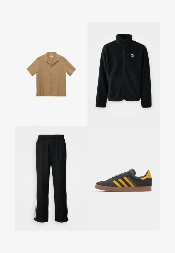 Czarna polarowa kurtka z wysokim kołnierzem, zamek z przodu i kieszeniami z przodu. Posiada teksturowany materiał i małe białe logo na lewej piersi.; Koszula na krótki rękaw w jasnobrązowym materiale z kieszonką, prostym dołem i klasycznym kołnierzykiem. Gładka textura i luźny krój.; Czarne sportowe spodnie z elastycznym paskiem w talii, z białymi paskami po bokach i małym logo. Materiał wydaje się miękki i lekki.; Czarne zamszowe sneakersy z żółtymi akcentami, z trzema paskami i brązową gumową podeszwą. Posiadają wyściełany język dla większego komfortu.