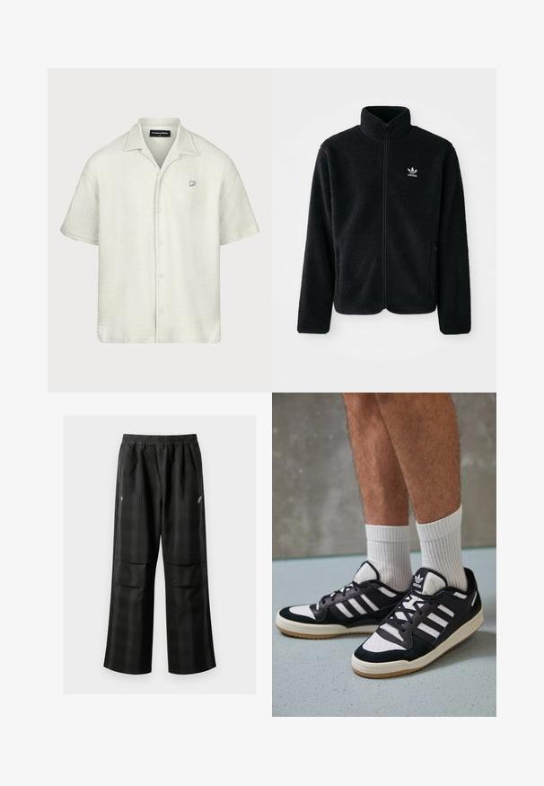 Casaco de fleece preto com gola alta, fecho de correr à frente e bolsos frontais. Apresenta um tecido texturizado e um pequeno logo branco no lado esquerdo do peito.; Camisa de mangas curtas em cinza claro com um padrão texturizado, colarinho e fecho frontal com botões; apresenta um pequeno logo no lado esquerdo do peito.; Calças pretas em padrão xadrez com cintura elástica, dois bolsos frontais e um ajuste solto com design de perna reta. Feitas de material leve.; Ténis em preto e branco com upper em camurça e couro, apresentando três riscas brancas, um toe perfurado e uma sola em borracha de goma.