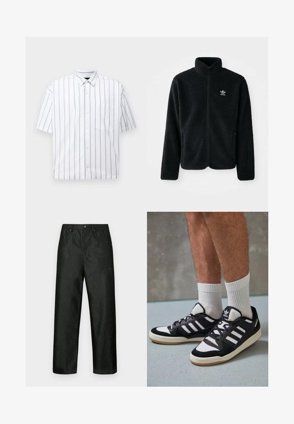 Black fleece jacket with high collar, zip front, and front pockets. Features textured fabric and small white logo on left chest.; Short-sleeved button-up shirt in white with thin vertical gray stripes. Features a chest pocket and a classic collar. Smooth cotton material.; Black pants with a slight sheen, featuring a straight leg design, two front pockets, and a discreet logo on the upper left side.; Black and white sneakers with a suede and leather upper, featuring three white stripes, a perforated toe, and a gum rubber sole.